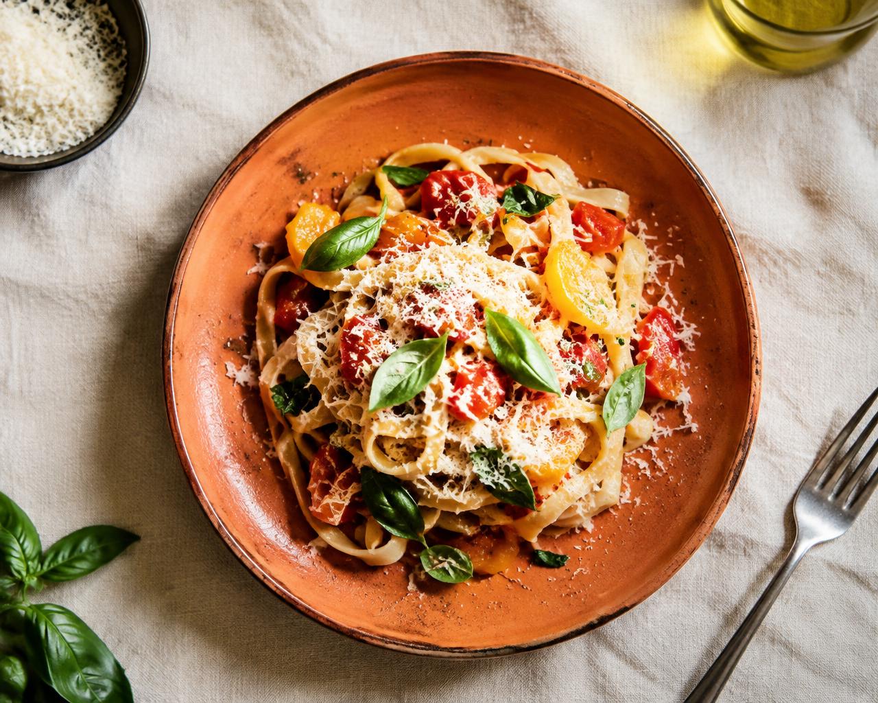 Tagliatelle with cherry tomatoes and basil
